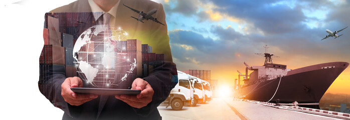 Double exposure of man with world map for logistic network distribution on background and Logistics...
