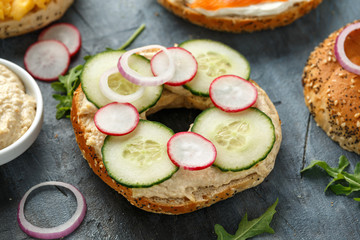Healthy Bagels breakfast sandwich with cucumber, radish and hummus