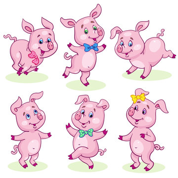 Set of six funny piglets jumping and dancing in the meadow. In cartoon style. Isolated on white background. Vector illustration