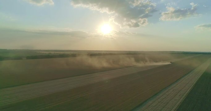 Evening sun and a harvester at the wheat field