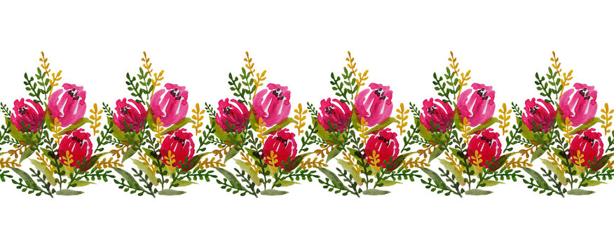 Horizontal pink floral border isolated on white background seamless watercolor pink flowers illustration