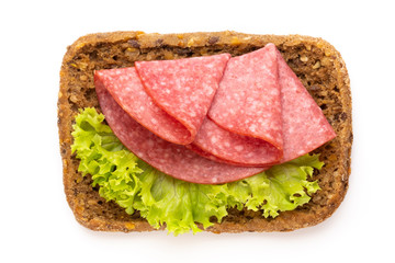 Sandwich with salami sausage on white background.