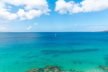Panorama of beautiful beach and tropical sea of Lanzarote. Canaries