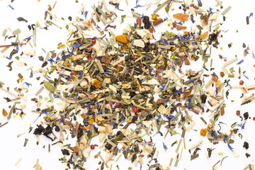 Herbal tea on a white background. Top view.