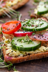 Fototapeta na wymiar Sandwiches with cream cheese, vegetables and salami.