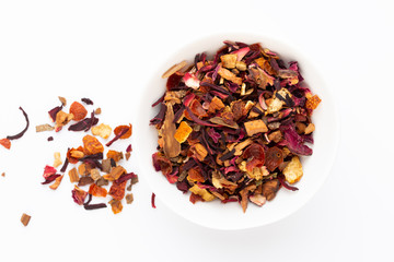 Herbal tea on a white background. Top view.