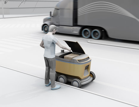 Clay rendering of low polygon style man using smartphone unlock and pick up parcel from self-driving delivery robot. Last one mile concept. 3D rendering image.
