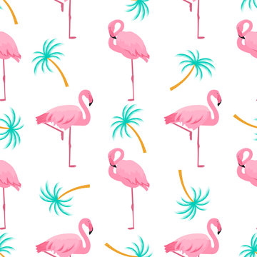 Flamingo and palm tree. Summer tropical seamless pattern. Used for design surfaces, fabrics, textiles, packaging paper, wallpaper