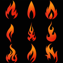 Illustration of Fire icons set on black background