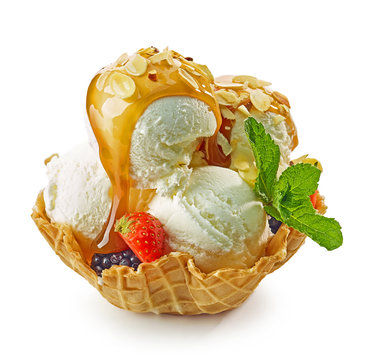 vanilla ice cream in waffle basket