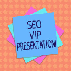 Writing note showing Seo Vip Presentation. Business photo showcasing Making presentation on how to enhance the search engine Multiple Layer of Sheets Color Paper Cardboard with Shadow