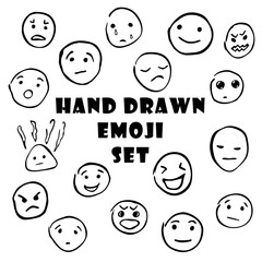 free hand drawn emoticons set isolated on white background. Hand drawn set of emoticons, emoji smiley icons. Funny emoticon set.