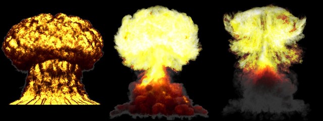 3D illustration of explosion - 3 large very high detailed different phases mushroom cloud explosion of thermonuclear bomb with smoke and fire isolated on black
