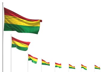 nice many Bolivia flags placed diagonal isolated on white with space for your text - any holiday flag 3d illustration..