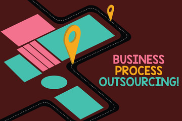 Conceptual hand writing showing Business Process Outsourcing. Business photo showcasing Contracting work to external service provider Road Map Navigation Marker 3D Locator Pin for Route Advisory