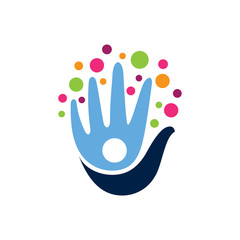 kids care logo design, hand logo with people inside and colorful bubble shape