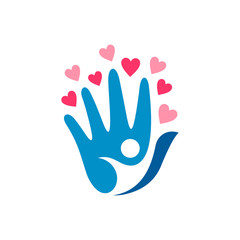 people love and care logo,hand/palm with human silhouette and heart/love spread