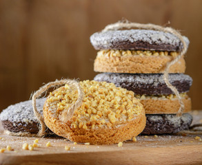 Pile of oat cookies on wooden table