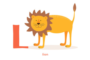 Cute cartoon lion with letter L. Fairy-tale African animal. Can be used for children's alphabets and books. Vector illustration on white isolated background.