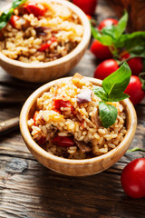 Vegetaian rice with onion, tomato and eggplant
