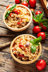 Vegetaian rice with onion, tomato and eggplant