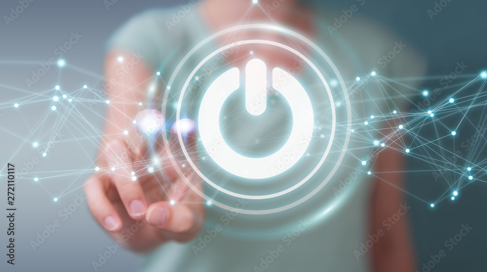 Poster Businessman using 3D render power button with connections