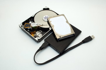 a bunch of hard disk drive, close-up, isolate, white background