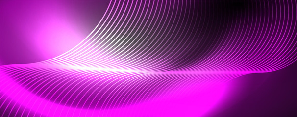 Shiny neon lights, dark abstract background with blurred magic neon light curved lines