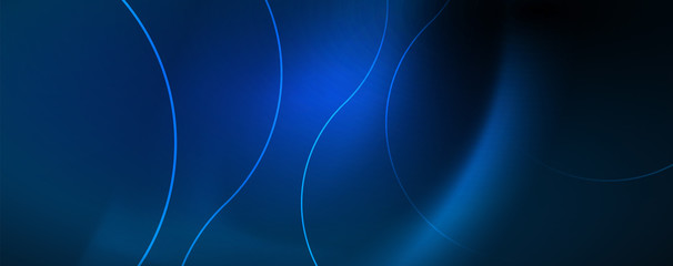 Trendy neon blue abstract design with waves and circles. Neon light glowing effect. Abstract digital background.