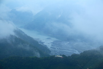 aerial view of foggy mountain