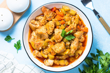 Chicken stew with vegetables, top view.
