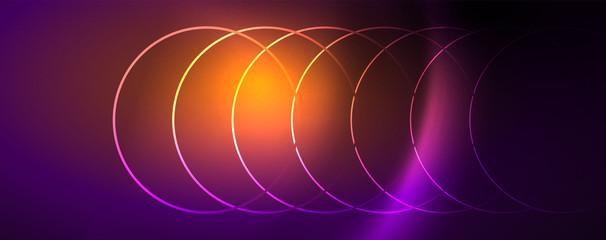 Shiny neon lights, dark abstract background with blurred magic neon light curved lines