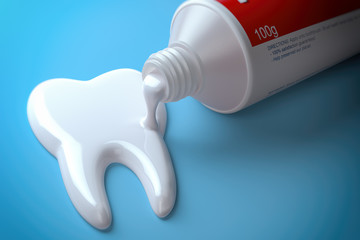 Toothpaste in the shape of tooth coming out from toothpaste tube. Brushing teeth dental concept.