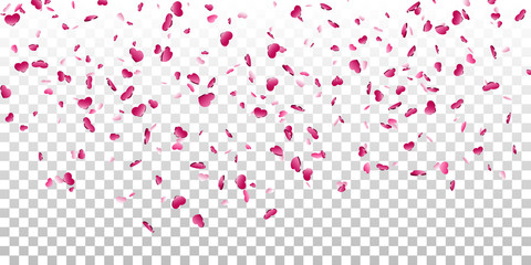 Heart falling confetti isolated white transparent background. Pink fall hearts. Valentine day decoration. Love element design, hearts-shape confetti wedding card, romantic holiday. Vector illustration