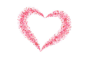 Heart confetti isolated white background. Fall red confetti, heart-shape. Valentine day holiday, romantic wedding border card. Valentines decoration frame. Greeting love design. Vector illustration