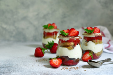 Homemade traditional italian dessert tiramisu with fresh strawberry.