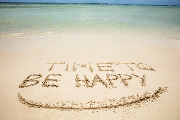 Time To Be Happy Text And Smile Drawn On Sand