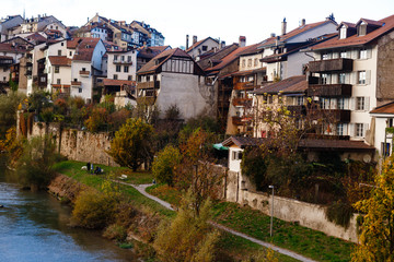 Landscape with historic medieval houses in Friburg, Switzerland