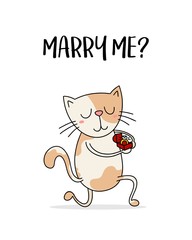 Funny cute cat with diamond ring in hands. Marry me cartoon flat vector illustration greetings card
