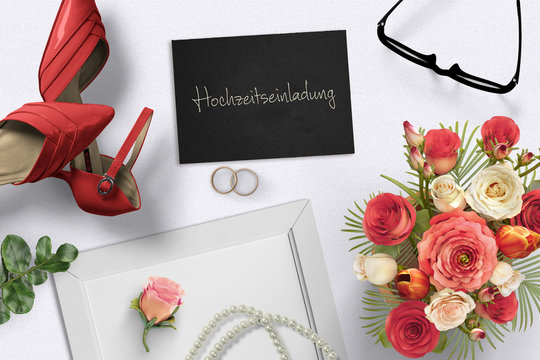 Grußkarte mit Nachricht "Hochzeitseinladung" und zwei Ringe und Dekoration