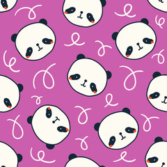 Hand drawn cute little panda's heads. Vector seamless pattern. Colored trendy illustration for kids. Cartoon style. Flat design. Purple background