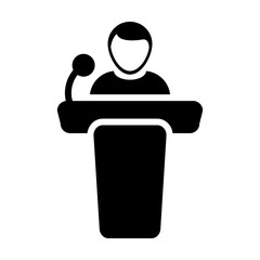 Leader icon vector male person on podium symbol for public speech with microphone in glyph pictogram illustration