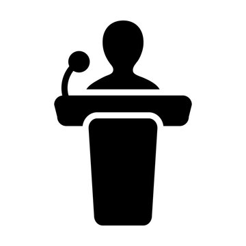 recommend clip art: Professional icon vector male person on podium symbol for public speech on business conference with microphone in glyph pictogram illustration