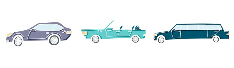 Cute illustration of a doodle car set. Pastel colored vector autos with white outline.