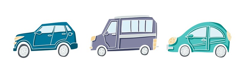 Cute illustration of a doodle car set. Pastel colored vector autos with white outline.