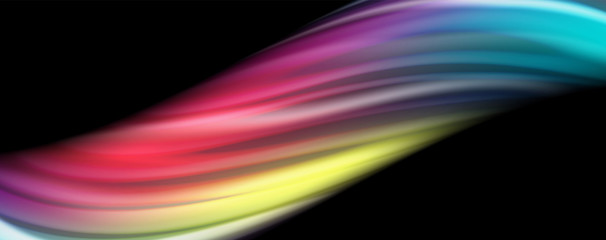 Abstract wave lines fluid rainbow style color stripes on black background. Artistic illustration for presentation, app wallpaper, banner or poster