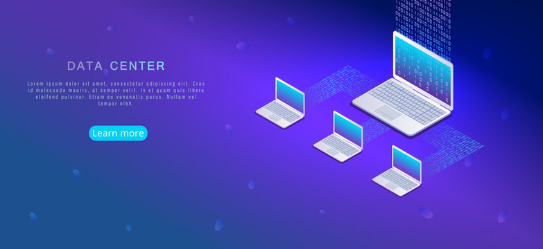 Isometric cloud computing, online data storage design. Laptops connected in internet network with binary code 1,0. Modern business digital information technology concept. Banner, poster template