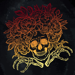 Vector illustration. Halloween. Skull with peonies. Handmade, prints on T-shirts, background chalkboard, tattoos,Red yellow color