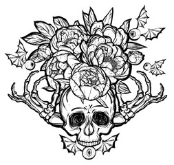 Halloween. Vector illustration. Skull, bones, peonies. Handmade, prints on T-shirts, background white, tattoos