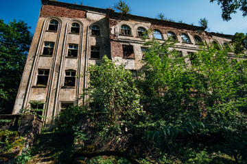 Fototapeta premium Ruined overgrown school in ghost mining town Akarmara, consequences of war in Abkhazia, green post-apocalyptic concept